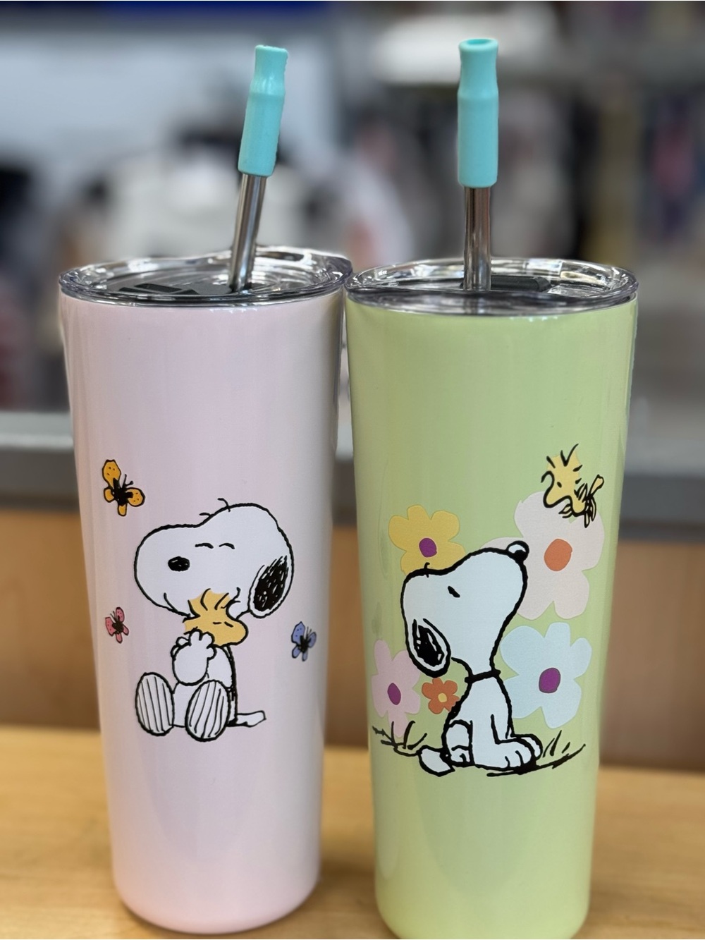 Peanuts Snoopy Pastel Pink & Pastel Green Stainless Tumbler Set with Straws